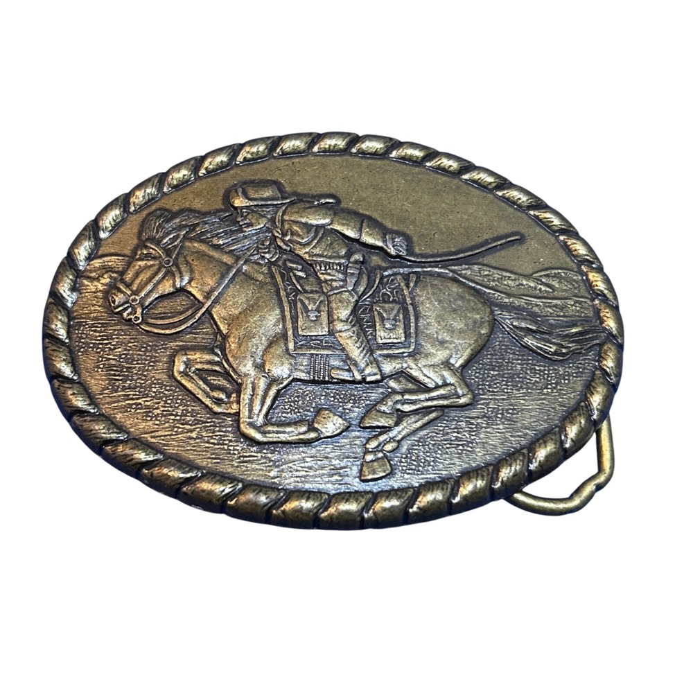 Mervyns Pony Express Belt Buckle Brass 1981 Commemorative Western Cowboy Rodeo